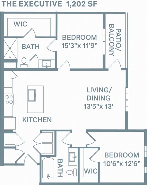 Floor plan for 2 beds, 2 baths, 1202 sqft